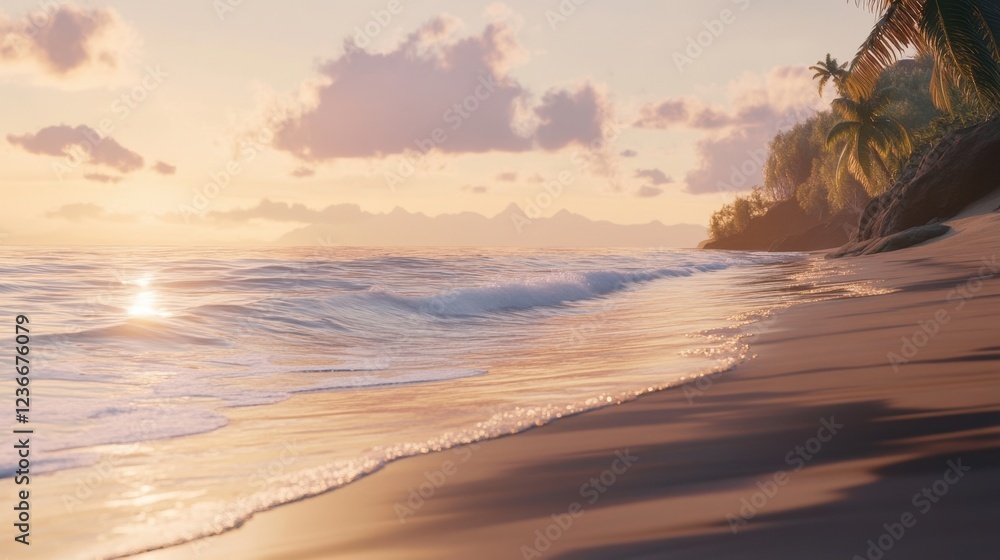 Aufkleber sunset over tranquil beach with gentle waves caressing the shore in a serene tropical setting