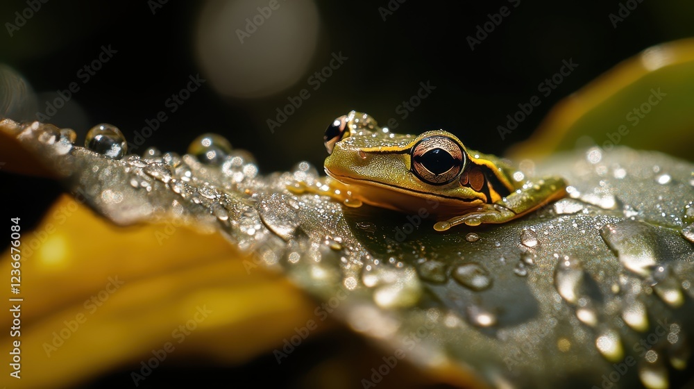 Poster close-up of a vibrant green frog resting on a dewy leaf in a tropical rainforest setting during morn