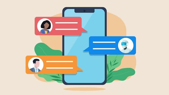 Conversation on the phone between employees and chat bot ai. Speech bubbles appear one after another along with animated character avatars. Flat design style animation.