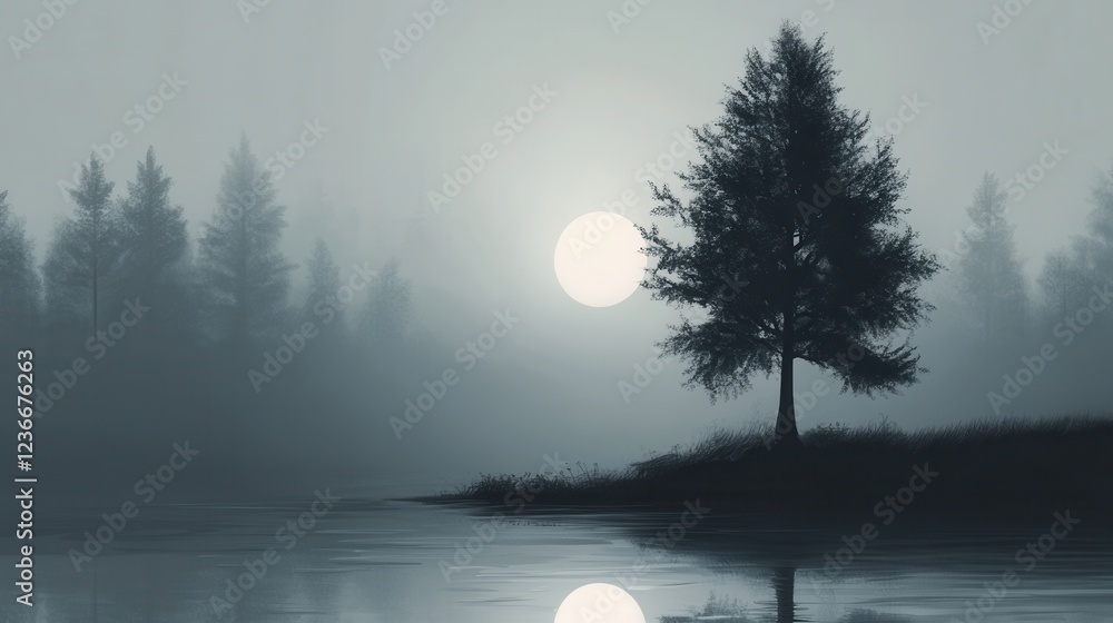 Poster misty sunrise over a calm lake with silhouetted trees creating a serene landscape at dawn