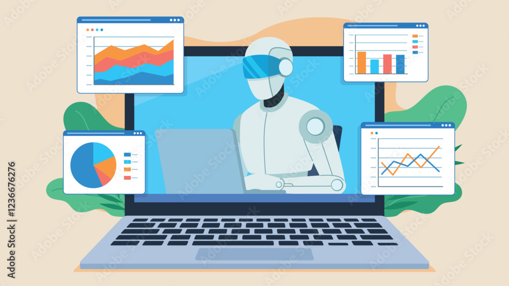 Poster ai bot works on laptop and analyzes data graphs. graphs are placed on application tiles next to lapt
