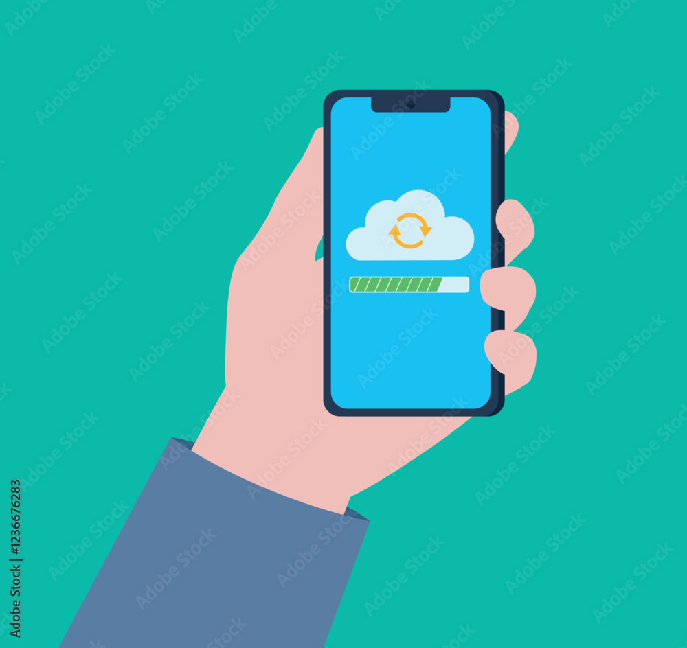 Poster a hand holding a phone. files are being uploaded to the cloud on the phone screen. the cloud with an
