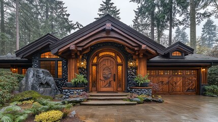 Fototapeta premium Majestic Log Cabin Home Nestled Amongst Tall Trees
