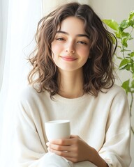 Pure and chemical-free skincare Cheerful woman holding a cup, radiating joy. skincare apply