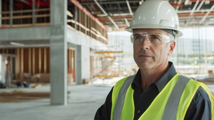 An intimate portrait of a safety inspector in a hard hat and reflective vest, conducting inspections on a construction site, Safety inspection scene