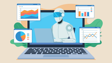 Fototapeta premium AI bot works on laptop and analyzes data graphs. Graphs are placed on application tiles next to laptop. Machine learning and data analysis. Flat design vector.