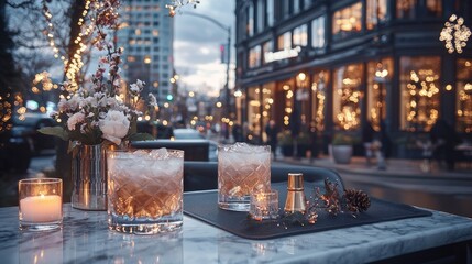 Festive cocktails, city street, evening ambiance, romantic setting