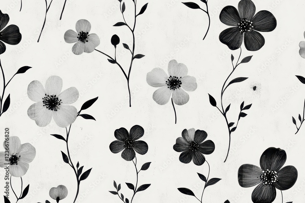 Poster black and white floral pattern featuring delicate flowers and leaves on a light background suitable 