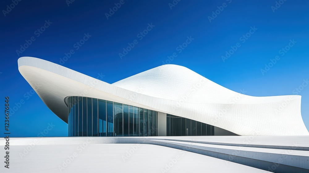 Aufkleber Modern architectural design of a white structure with large glass windows reflecting in clear water under a blue sky