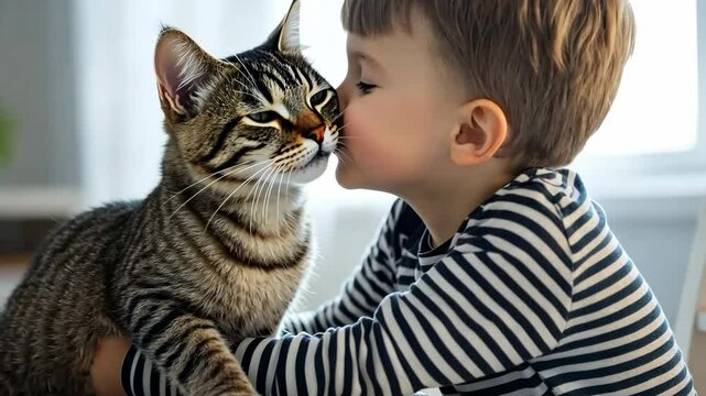 Cute boy kid kissing and hugging striped cat in cozy home. Child playing with cat. Kid and kitten. Little toddler snuggling pet animal sitting at table in sunny living room. Kids play with pets.