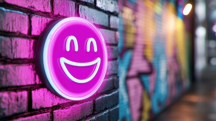 Glowing neon laughing emoji sign illuminates a dark urban wall filled with graffiti and digital effects in a modern and edgy atmosphere