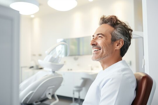 Happy male patient smiling while sitting in dentist chair at bright, modern dental clinic, dental care concept