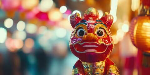 Fototapeta premium Festive lion figurine at night market, colorful lanterns.