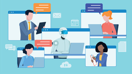 employee conversation in a corporate chat with ai chat bot . Employees are displayed on messenger tiles. Next to them are speech bubbles. Around them are icons: calendar, e-mail, envelope, document, 