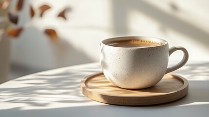 A ceramic coffee cup with a soft matte finish, placed on a wooden coaster, with warm sunlight casting gentle shadows on a neutral background