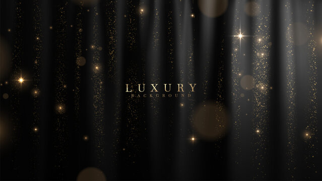Black curtain backdrop decorated with shimmering glow and bokeh effect, black luxury background design idea for grand opening or award ceremony.