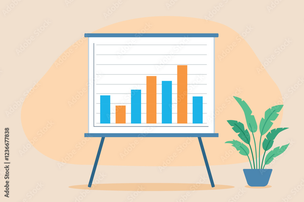 Poster flipchart with bar graph. the graphs are orange and blue. there is a plant next to the flipchart. gr