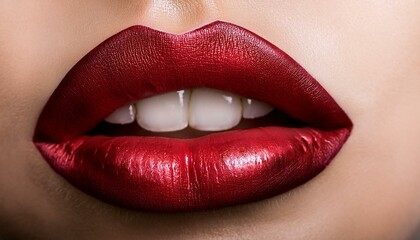 Obraz premium Sensual mouth. Beauty sensual red lips. Closeup photo of seductive woman parted lush lips painted bright red lipstick with healthy white teeth isolated on white
