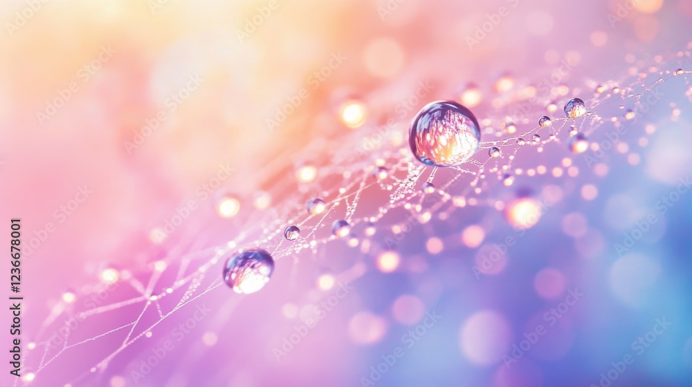Poster dew drops glisten on delicate branches during sunrise, creating a serene and calming natural display