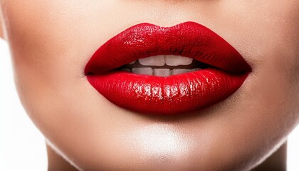 Fototapeta premium Closeup photo of seductive woman parted lush lips painted bright red lipstick with healthy white teeth isolated on white 