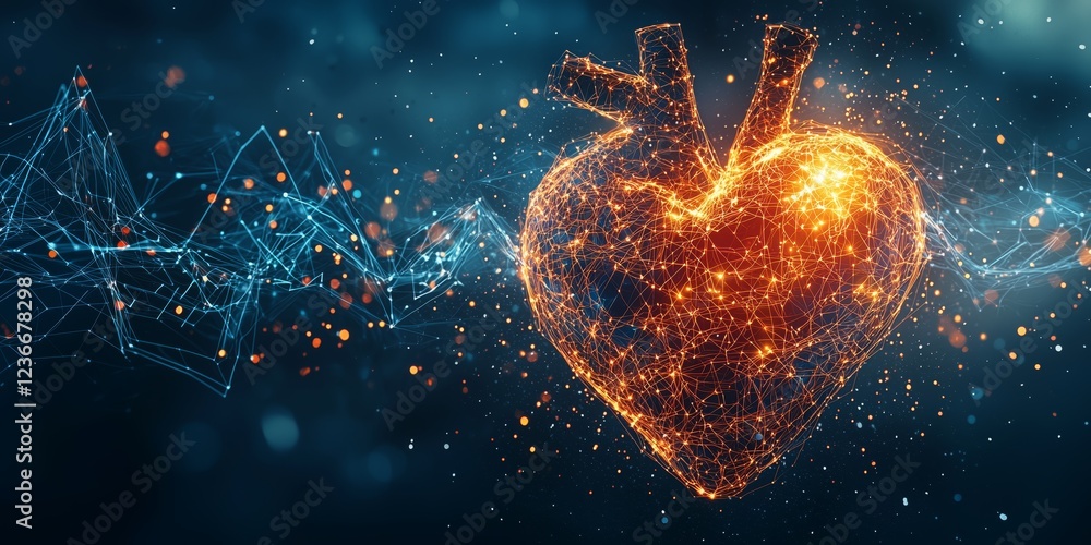 Poster digital heart illustration with abstract lines and particles background