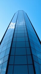 Minimalist skyscraper with reflective dark tinted glass windows against a bright blue sky