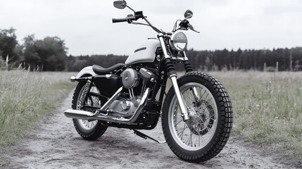 Obraz premium White motorcycle on rural road, field background; transport, travel, lifestyle image