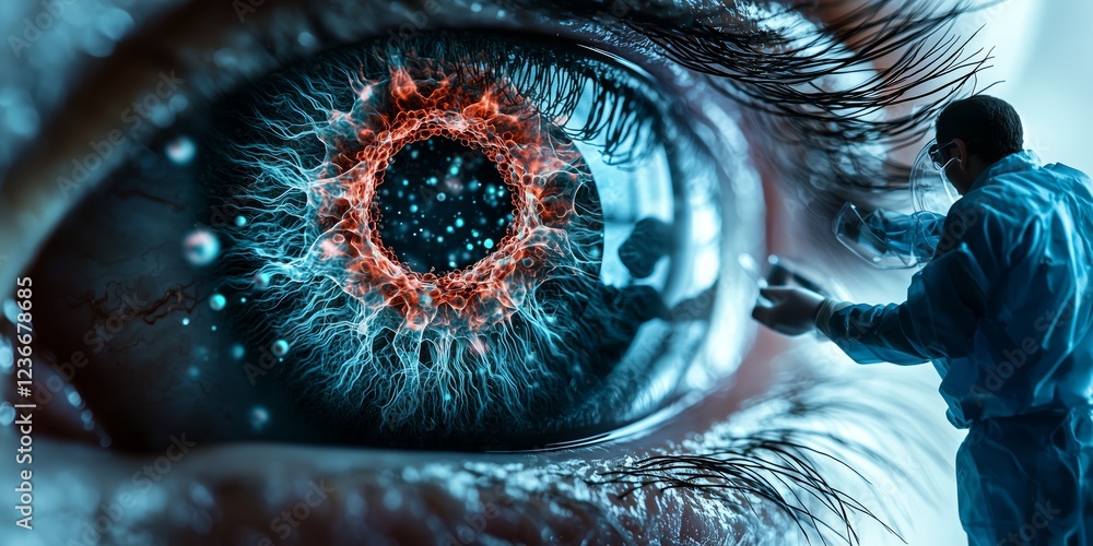 Poster eye with abstract energy pattern and scientist in lab coat