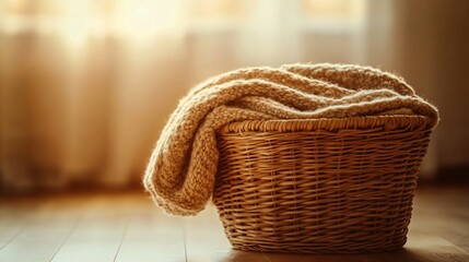 Obraz premium A cozy, woolen blanket folded inside a woven wicker basket, positioned against a softly blurred warm-toned background