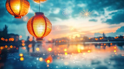 Festive Lanterns Glow Brightly Over Water Fireworks