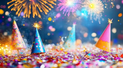 Vector 3d confetti firework background. Colorful realistic firecracker icon, cute design elements isolated. Birthday or carnival illustration, party serpentine decoration set.