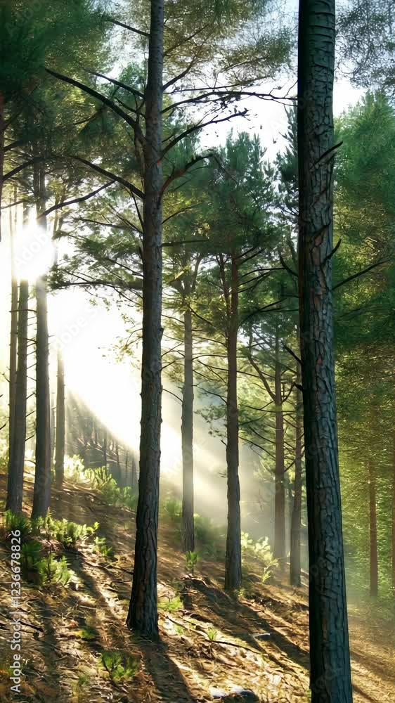 Poster sunlight filters through tall trees creating a serene atmosphere in a lush forest