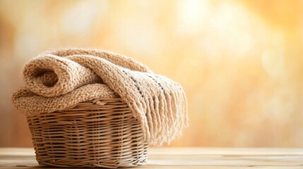 Obraz premium A cozy, woolen blanket folded inside a woven wicker basket, positioned against a softly blurred warm-toned background