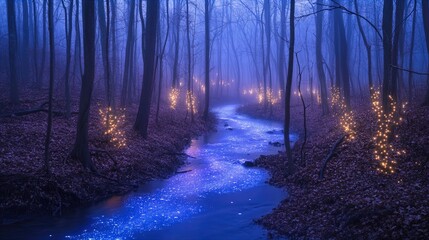 Obraz premium A serene nighttime forest scene enveloped in a thick fog, with a gentle stream flowing through the middle. Soft, glowing lights are wrapped around slender trees on either side, casting a warm illumina