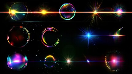 Obraz premium Big set of colorful lens, crystal rainbow light and flare transparent effect elements. Overlay templates. Triangular holographic glass prism concept. Vector eps10
