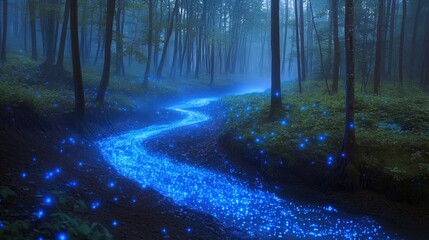 Fototapeta premium A serene forest scene featuring a glowing blue river winding through tall trees, illuminated by soft, ethereal blue lights. The atmosphere is misty and enchanting, with a magical quality that enhances