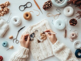 Creating a cozy textile masterpiece with yarn and needlework in a serene crafting space. Generative AI
