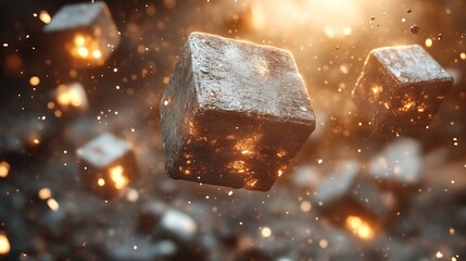 Glowing Metallic Cubes Falling Through Space