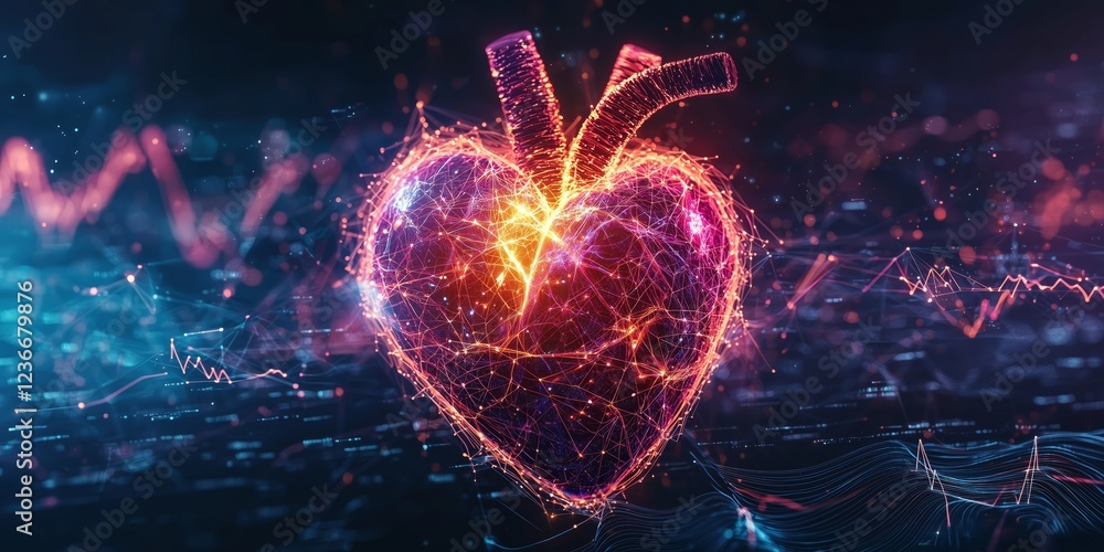 Poster futuristic heart visualization with data and technology elements