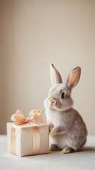 Obraz premium A small grey bunny with a satin ribbon-wrapped gift on a soft beige background, perfect for a Valentine’s gift idea.