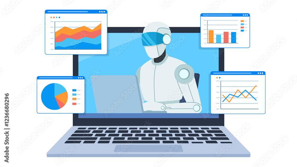 Poster flat design illustartion. ai bot works on laptop and analyzes data graphs. graphs are placed on appl