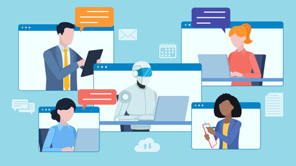 Employee conversation in a corporate chat with ai chat bot . Employees are displayed on messenger tiles. Next to them are speech bubbles. Around them are icons: calendar, e-mail, envelope, document.
