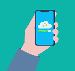 Files are being uploaded to the cloud on the phone screen. A hand holding a phone.  The cloud with an upload and transfer icon and a counter showing how many items are left to upload. Flat design.