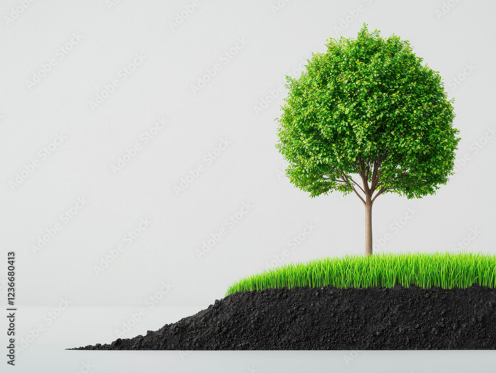 Poster a vibrant green tree stands on a mound of rich soil, symbolizing growth and nature in a minimalist s