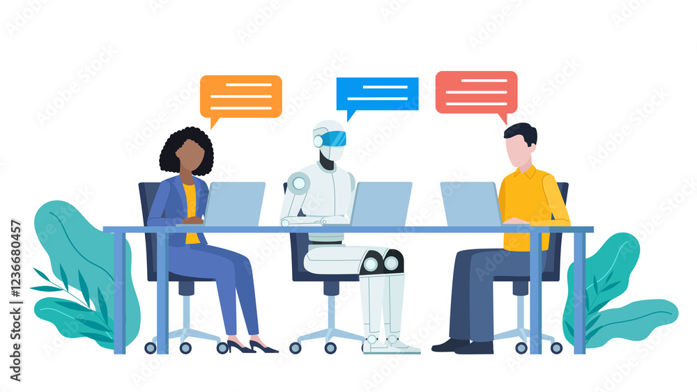 Poster employees sit at desk with ai robot and work on laptops. it is having a conversation and there are c