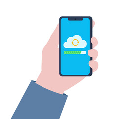 A hand holding a phone.  The cloud with an upload and transfer icon and a counter showing how many items are left to upload. Files are being uploaded to the cloud on the phone screen.  Flat design.