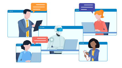 Employees are displayed on messenger tiles. Next to them are speech bubbles. Around them are icons: calendar, e-mail, envelope, document. Employee conversation in a corporate chat with ai chat bot .
