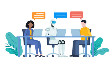 Employees sit at desk with AI robot and work on laptops. It is having a conversation and there are communication bubbles near their heads. Coworkers in office. Flat design illustration.