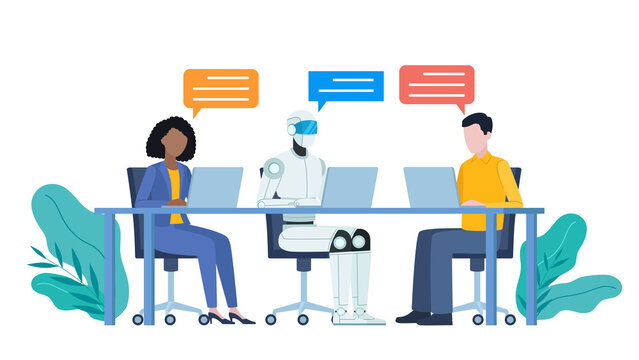 Employees sit at desk with AI robot and work on laptops. It is having a conversation and there are communication bubbles near their heads. Coworkers in office. Flat design illustration.