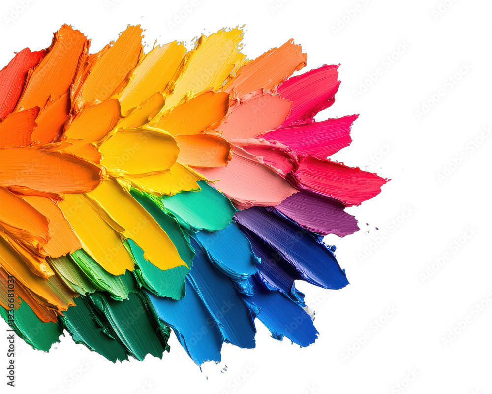 Poster a vibrant arrangement of colorful paint strokes resembling a flower or fan, showcasing a spectrum of